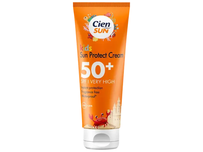 Cien Sun kids sun protect cream tube with SPF 50+ on a white background