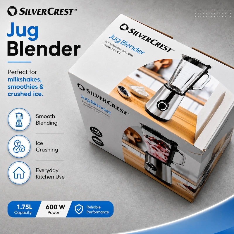 SilverCrest 1.75L Jug Blender retail box shown at an angle on a gray background, with product features listed on the left including smooth blending, ice crushing, and everyday kitchen use.