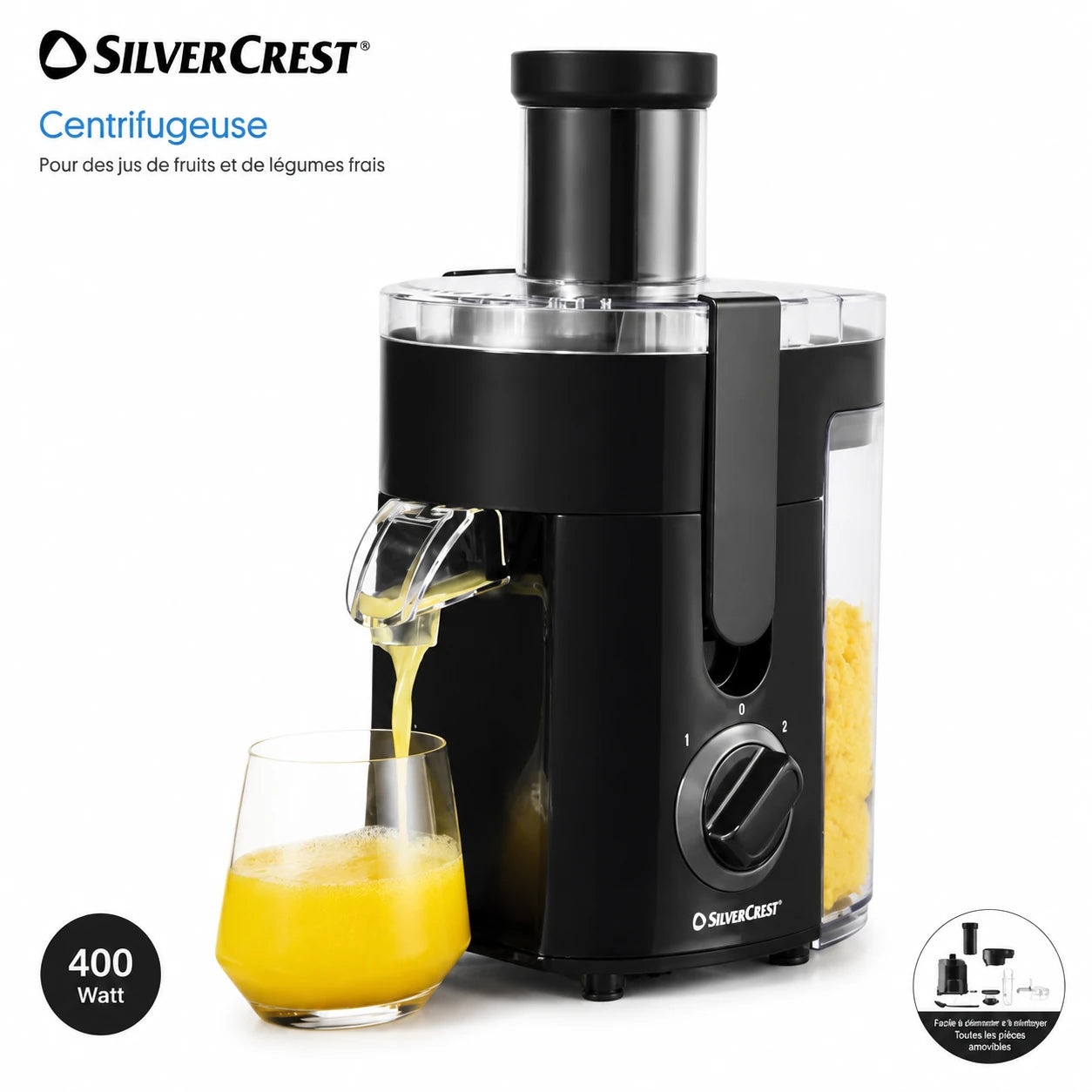SilverCrest 400W centrifugal juicer in black with a clear container and glass of orange juice, shown on a white background with product branding and feature callouts.