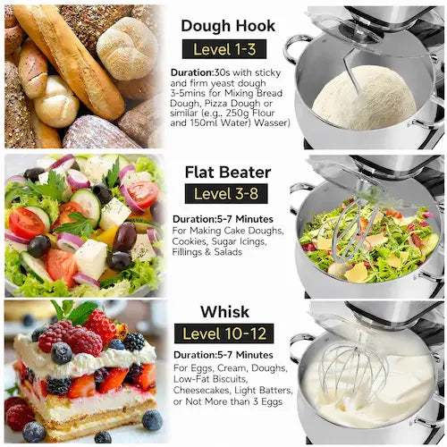 Kitchen appliance with various attachments for baking and food preparation, including a dough hook, flat beater, and whisk.