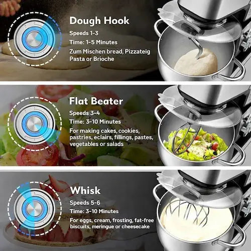 Kitchen mixer with attachments for dough, flat beater, and whisk, showing different uses.