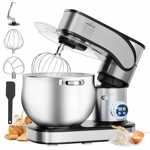 Stainless steel stand mixer with attachments on a white background