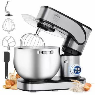 Stainless steel stand mixer with attachments on a white background