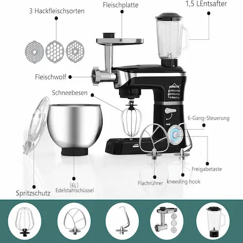 Kitchen mixer with various attachments labeled in German on a white background
