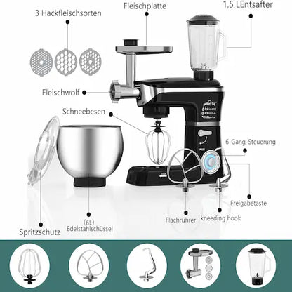Kitchen mixer with various attachments labeled in German on a white background