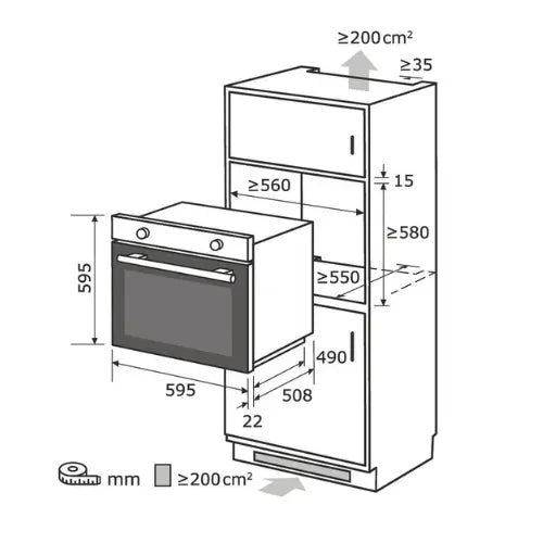 Technical drawing of built-in oven and kitchen cabinet with dimensions labeled