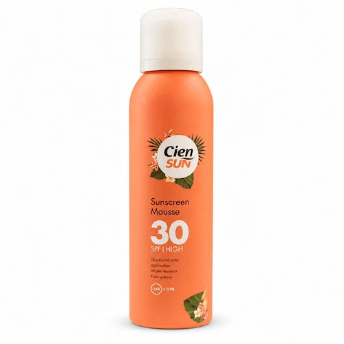 Cien Sun sunscreen mousse bottle with SPF 30 on a white background