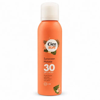 Cien Sun sunscreen mousse bottle with SPF 30 on a white background