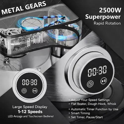 Stainless steel kitchen stand mixer with metal gears and digital display on a black background
