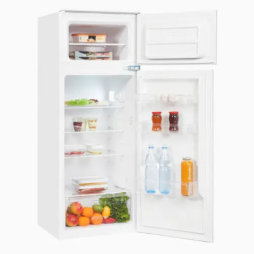 White refrigerator with open doors showing food items on a white background