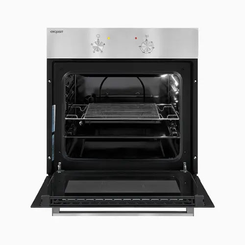 Stainless steel oven with open door on a white background