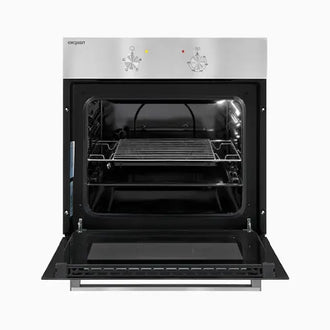 Stainless steel oven with open door on a white background