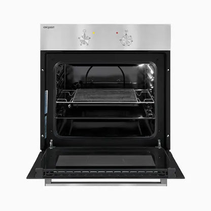 Stainless steel oven with open door on a white background