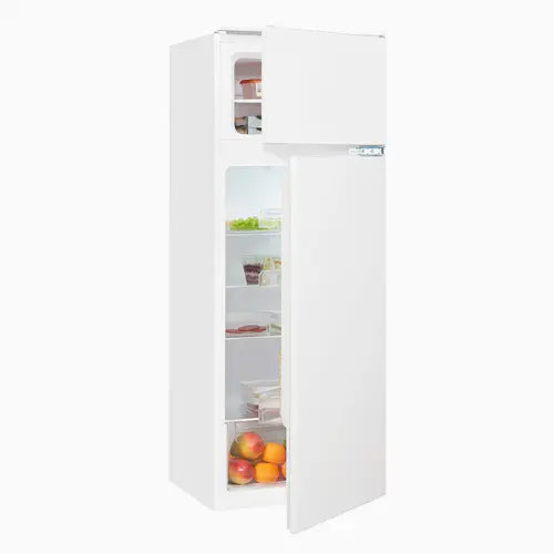 White refrigerator with open door showing interior contents on a white background