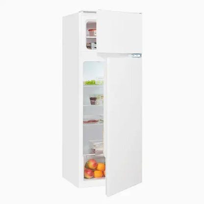 White refrigerator with open door showing interior contents on a white background