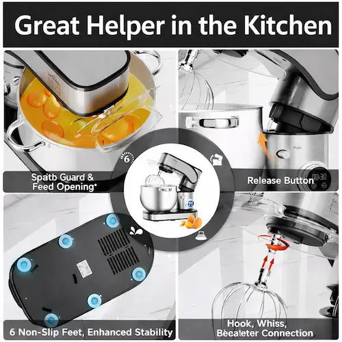 Multifunctional kitchen appliance with various parts highlighted, labeled 'Great Helper in the Kitchen'.