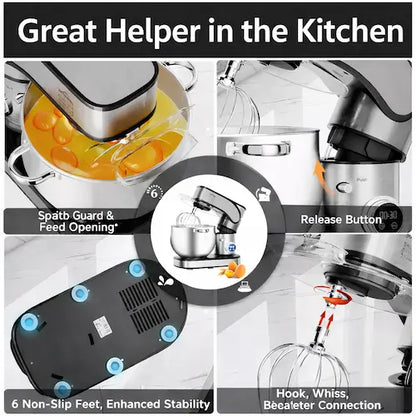 Multifunctional kitchen appliance with various parts highlighted, labeled 'Great Helper in the Kitchen'.