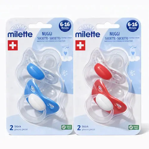 two Milette Baby Pacifier wtih a white background