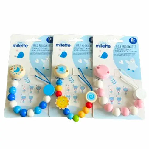 three Milette baby pacifier clips of different colors on a white background