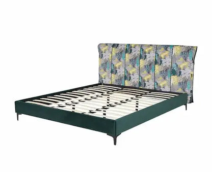 Bed with floral headboard on a white background