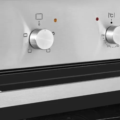 Stainless steel oven control panel with temperature knobs and indicator lights.