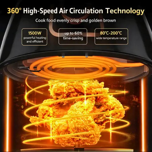 air fryer with 360-degree high-speed air circulation technology, showing food cooking.