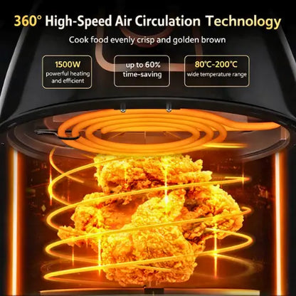 air fryer with 360-degree high-speed air circulation technology, showing food cooking.