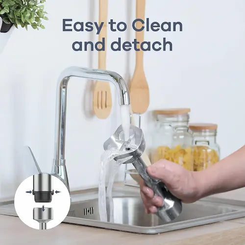 Kitchen faucet with detachable part being washed under running water, text 'Easy to Clean and detach' above.