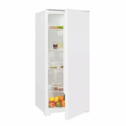 White refrigerator with open door showing interior shelves and food items on a white background