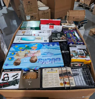 European mixed box pallet with assorted wholesale stock including household items, toys, lighting products, kitchenware and small appliances for resellers.