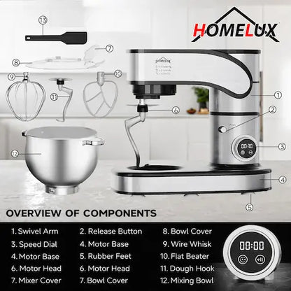 Homelux stand mixer with labeled components on a white background