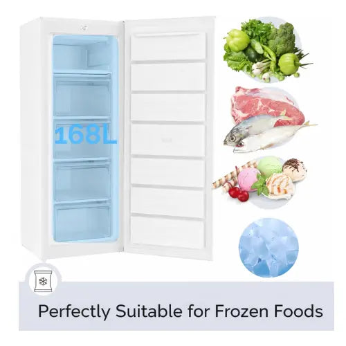 White freezer with open door showing interior compartments, surrounded by images of frozen foods.