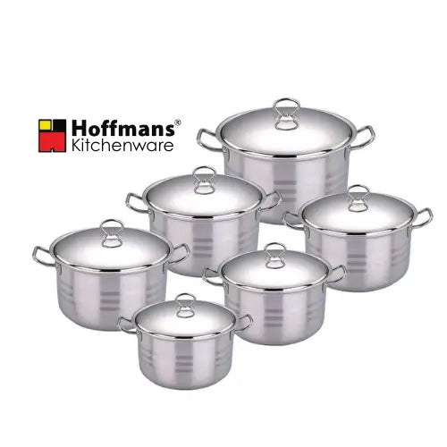 Set of silver cookware with lids on a white background, featuring Hoffmans Kitchenware logo.