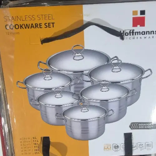 Hoffmanns stainless steel cookware set packaging with pots and lids on a white background