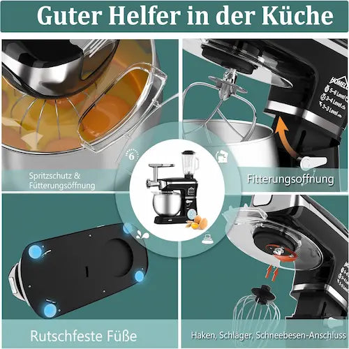 Multifunctional kitchen mixer with various attachments on a green background