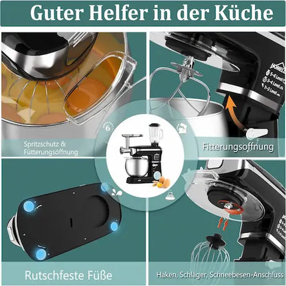 Multifunctional kitchen mixer with various attachments on a green background