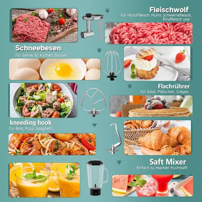 Collage of images showing food preparation and kitchen tools with text in German.