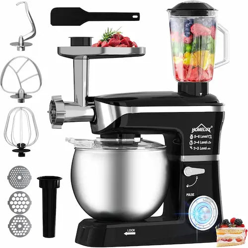 Multifunctional kitchen appliance with attachments on a white background