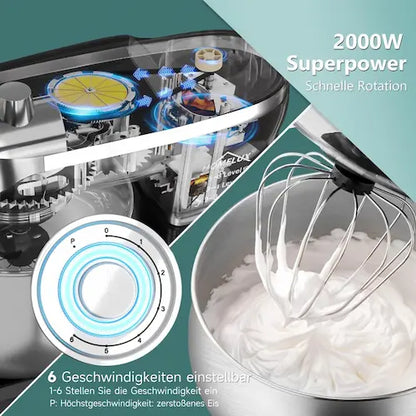 Electric mixer with whisk attachment, speed dial, and whipped cream, featuring '2000W Superpower' text.