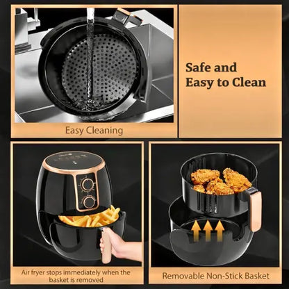 Air fryer with features highlighted on a black background