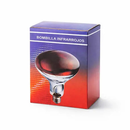 Box of an infrared light bulb with a colorful design on a white background