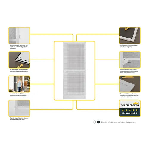 Product display with multiple views of a window security screen, featuring Schellenberg branding.