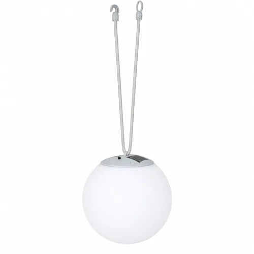 White spherical hanging solar light with a cord on a white background