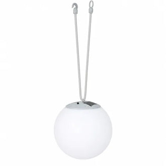 White spherical hanging solar light with a cord on a white background