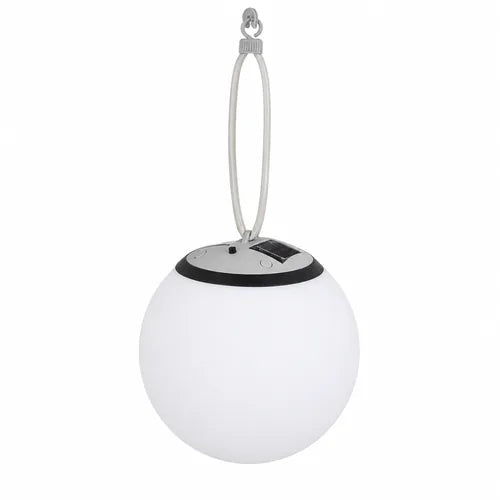 White spherical hanging light with solar panel on a white background