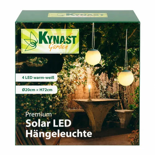 Kynast Garden solar LED hanging light packaging with outdoor scene