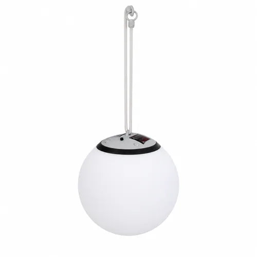 White spherical hanging solar garden light with a black base on a white background