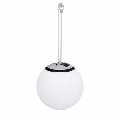 White spherical hanging solar garden light with a black base on a white background