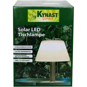 Kynast Garden solar LED table lamp packaging with product image and text.