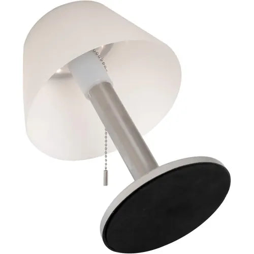 Wall-mounted lamp with white shade and black base on a white background